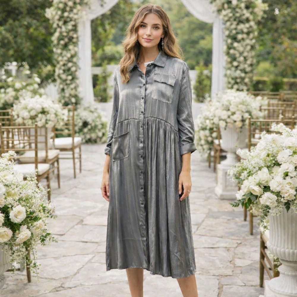 NWT Kate Hewko metallic oversized button down shirt dress one size boho guest